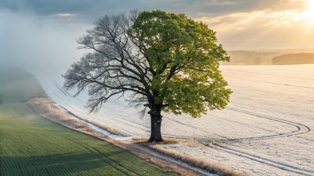 A solitary tree contrasts with lush green fields and frost-covered earth, capturing the transformation between seasons. Soft light enhances the beauty of the landscape during sunset.