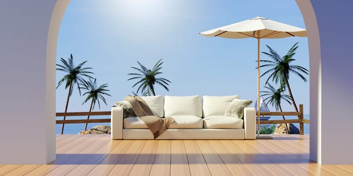 An inviting summer lounge with comfy cushions and a protective umbrella, set against a stunning sea view under clear skies.