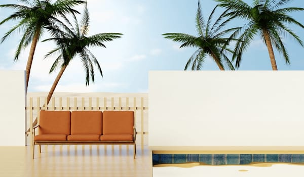 A relaxing summer scene featuring a cozy brown sofa surrounded by palm trees, perfect for beach or vacation-themed designs.