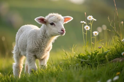 A young, fluffy lamb frolics through a lush green meadow, curiously sniffing vibrant daisies while basking in the warm glow of the afternoon sun.