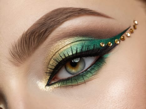 Vibrant emerald and gold eye makeup captures the essence of artistic beauty. Bold winged eyeliner and sparkling embellishments create a mesmerizing look perfect for special occasions.
