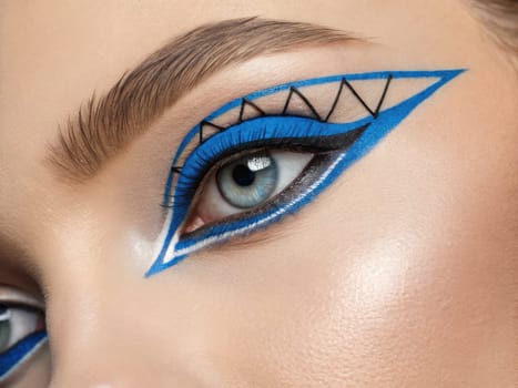 Striking makeup artistry features bold blue eyeliner with intricate designs around the eye. This captivating look highlights artistic expression, perfect for fashion events or creative photography.