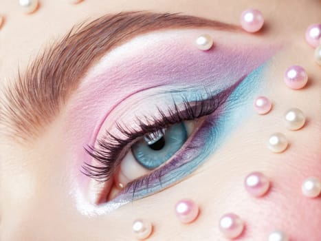 A close-up view of an eye adorned with vibrant pastel makeup. The eyelid displays shades of pink and blue, intricately blended, while pearls frame the eye, enhancing the artistic appearance.