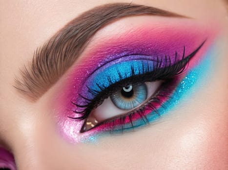 An artist enhances an eye with a striking blend of pink and blue hues, creating a bold and glamorous look. Glitter adds sparkle, making this beauty transformation truly captivating.