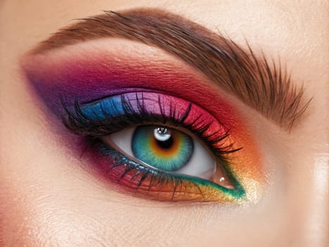 Bold hues of pink, purple, blue, and green converge around a mesmerizing eye, creating an ethereal look. This vivid makeup showcases creativity and artistry in colorful detail.