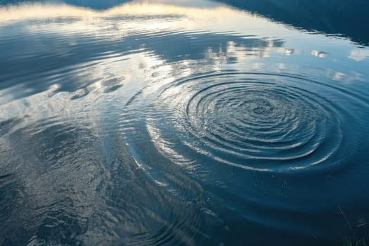 Soft ripples spread across a calm lake as clouds drift lazily above, painting a quiet moment at twilight. The serene water mirrors the beauty of the fading day, inviting contemplation.
