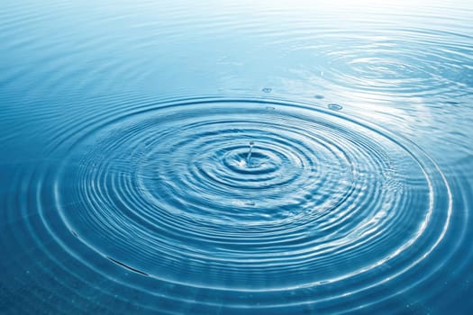 Gentle ripples spread across a calm blue lake as a droplet falls, creating a mesmerizing pattern. The early dawn light casts a peaceful glow, enhancing the beauty of this natural moment.
