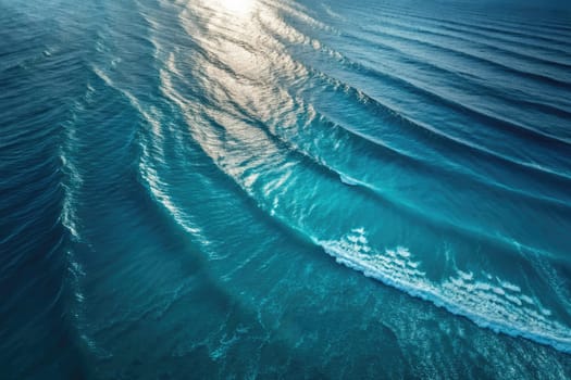 Gentle waves glide across the tranquil ocean surface, reflecting glimmers of sunlight. The deep blue water creates a calming atmosphere at dusk, inviting peaceful contemplation.