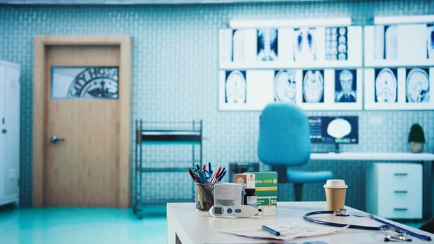 Professional medical office with diagnostic tools and a computer screen, showcasing a prepared space for healthcare consultations, treatment and medical examinations in modern industry.