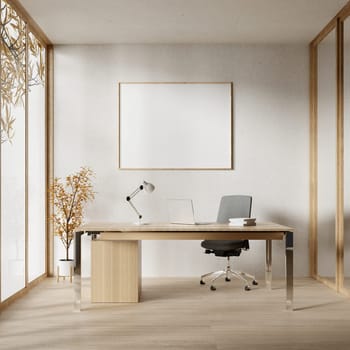 A chic office space featuring a sleek wooden desk, modern chair, and decorative plant, perfect for contemporary designs.