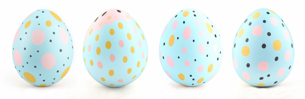 Brightly colored Easter eggs are displayed in a row, featuring playful dots and patterns in pastel shades. This festive decoration adds joy to the celebration of Easter traditions and gatherings.