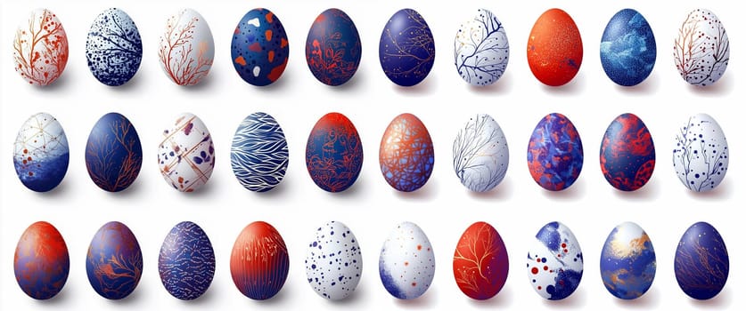 Beautifully decorated Easter eggs in various colors and patterns are showcased together, creating a vibrant display perfect for spring festivities or holiday gatherings.
