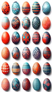 A vibrant display of decorated Easter eggs showcases various intricate patterns in bright colors. This festive arrangement highlights traditional springtime themes and holiday spirit.