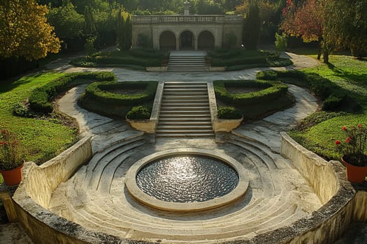 Ancient architecture with a fountain and steps surrounded by green gardens.
