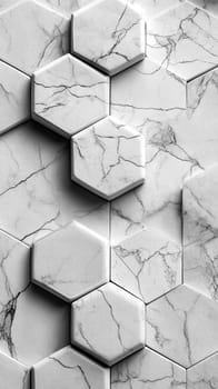 Different shades of hexagonal marble tiles create an elegant pattern on a surface, featuring intricate gray veining and a modern aesthetic, perfect for interior design.