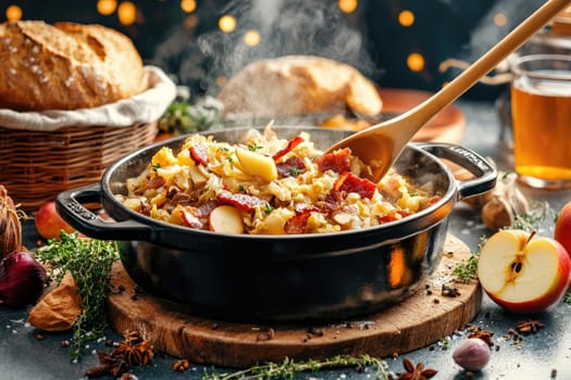 A hearty meal of pork, apples, and vegetables simmers in a black pot. Warm tones and soft lighting from the evening glow set a cozy, inviting atmosphere.