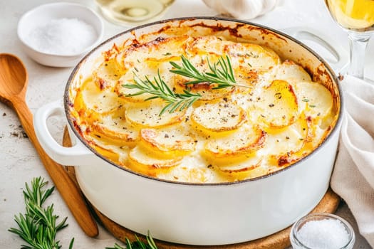 Creamy potato gratin bakes to perfection in a white dish. Fresh rosemary sprigs adorn the top, set on a rustic wooden board with wine and salt nearby.