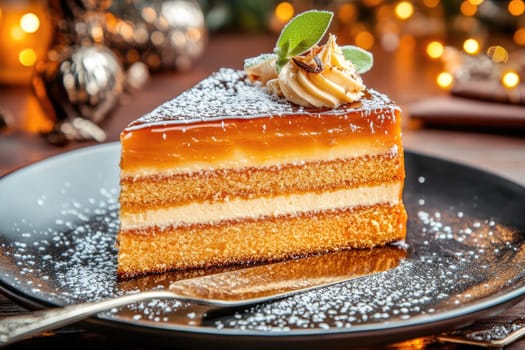 A beautifully presented slice of layered cake features a glossy glaze and creamy frosting. The cake sits on a black plate, surrounded by festive decorations and soft lighting.
