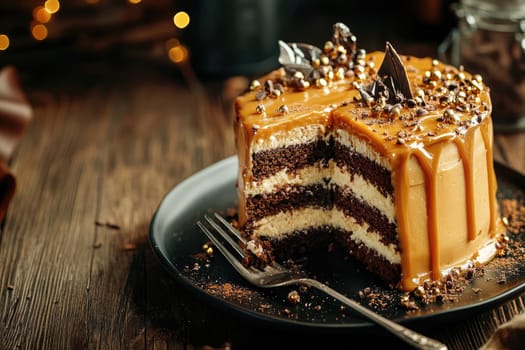 A rich chocolate cake layered with creamy filling and topped with caramel drizzles and crushed nuts sits on a dark plate. Soft lighting enhances the warm cafe atmosphere.