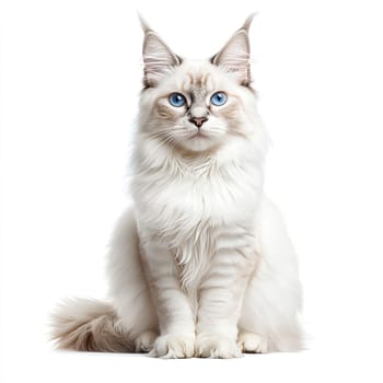 A Maine Coon cat displays its luxurious fluffy fur and striking blue eyes. This majestic feline is sitting gracefully, showcasing its impressive stature and charming demeanor.