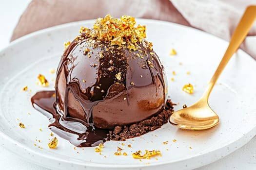 A delicious round chocolate dessert topped with shiny golden flakes sits on a white plate. A golden spoon rests nearby, enhancing the elegant presentation of the dish.