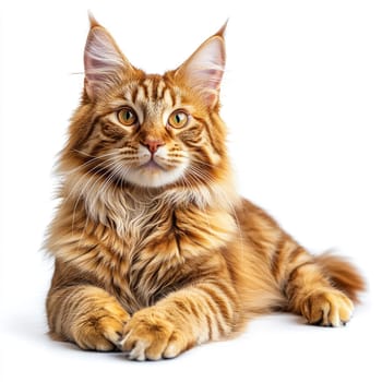 A large Maine Coon cat rests comfortably with striking orange fur and piercing green eyes. Its long, fluffy tail and friendly demeanor create an enchanting portrait, showcasing elegance.