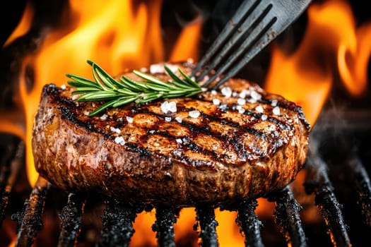 A juicy steak is expertly grilled over vibrant flames, garnished with fresh rosemary and sprinkled with coarse sea salt, creating a mouthwatering barbecue dish.