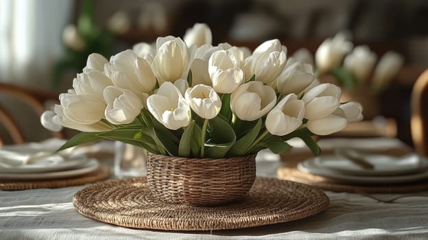 A stunning arrangement of white tulips fills a woven basket, serving as a centerpiece on a rustic dining table. Natural light highlights the freshness of the flowers and the simple decor.