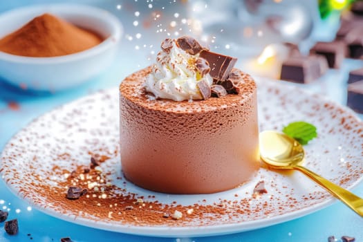 A rich chocolate mousse sits elegantly on a decorative plate, topped with whipped cream and chocolate shavings. The joyful ambiance is enhanced by scattered decorations and soft lighting.