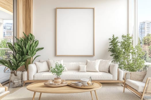 A spacious living room features a minimalist design with a white sofa and a round wooden coffee table.