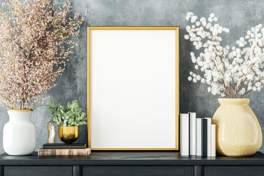 An elegant shelf displays a blank picture frame surrounded by decorative plants and stylish vases. The neutral wall complements the clean aesthetic, creating a serene atmosphere.