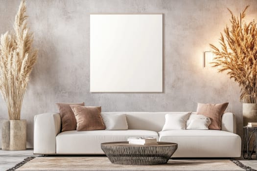 A stylish living room features a spacious white sofa adorned with various pillows. Decorative plants and soft lighting create a warm, inviting atmosphere, highlighting a simple aesthetic.