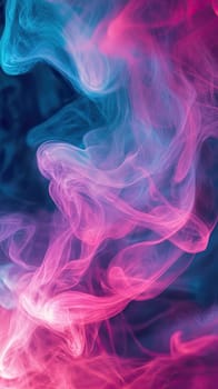 Wisps of vibrant pink and blue smoke intertwine, creating a mesmerizing effect against a dark background. The dynamic movement adds depth to the artistic composition.