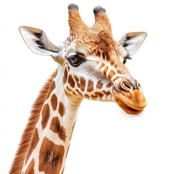 A majestic giraffe gazes forward, showcasing its distinct facial patterns and long neck. Sunlight highlights its texture and expressions, creating a captivating view.