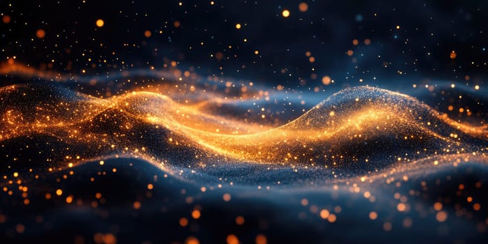This captivating artwork features waves of shimmering gold and blue particles flowing gracefully across a dark background.