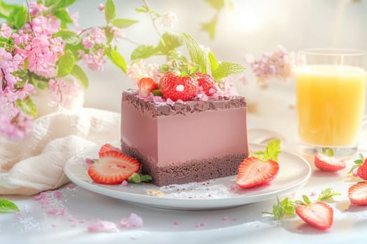 A beautifully crafted chocolate dessert is presented on a white plate, garnished with fresh strawberries and mint. A glass of juice complements this delightful treat in a sunny atmosphere.