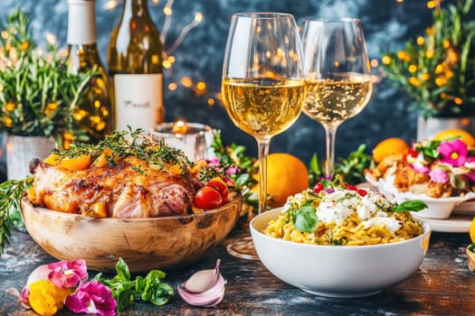 Gourmet meals featuring roasted meat and pasta are displayed on a beautifully set table, complemented by sparkling wine and fresh flowers, creating a festive atmosphere.
