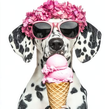 A Dalmatian dog sits happily in a sunny park, holding a cone of pink ice cream. The dog is adorned with stylish sunglasses and a floral headband, creating a fun atmosphere.