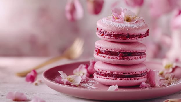 Three pink macarons are stacked on a pastel plate, adorned with small flowers and sprinkled with powdered sugar, creating an inviting dessert presentation.