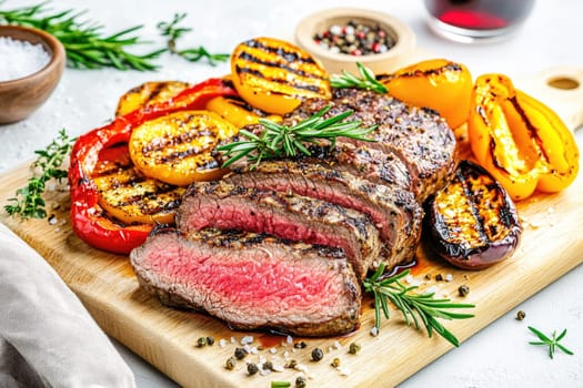 Juicy grilled steak is sliced and arranged alongside vibrant grilled peppers on a wooden cutting board. Fresh herbs add flavor in a well-lit kitchen atmosphere.