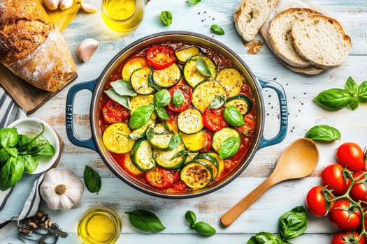 A colorful vegetable stew, featuring sliced zucchini, tomatoes, and fresh basil, is served in a pot on a rustic wooden table. Nearby, garlic, olive oil, and crusty bread complete the setup.