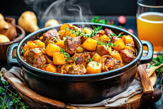 A delicious beef stew with tender chunks of meat and root vegetables, steaming in a cast iron pot, accompanied by a cold beverage in a glass.