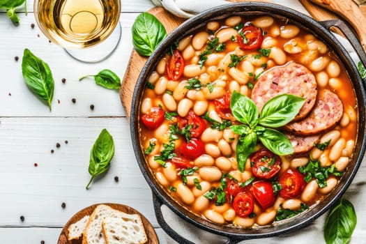 A hearty stew features white beans, cherry tomatoes, and sliced sausage, garnished with basil leaves. Accompanied by a glass of white wine and crusty bread on a wooden table.