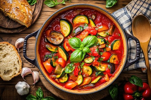 A colorful vegetable stew with zucchini, tomatoes, and basil simmers in a cast iron pot. Nearby, fresh garlic and red peppers add to the rustic kitchen ambiance.