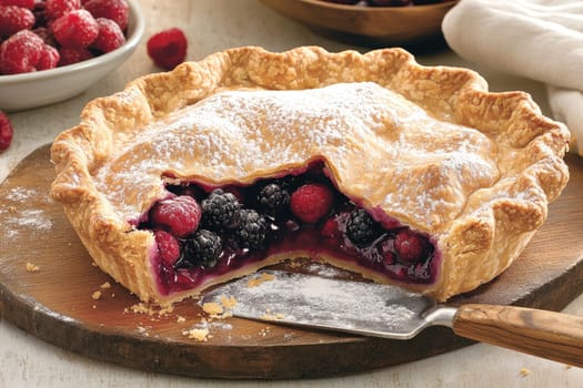 A freshly baked berry pie sits on a wooden board, revealing its juicy blackberry and raspberry filling. Raspberries are placed nearby, adding a vibrant touch to the scene.