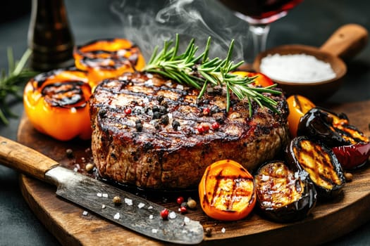 Juicy grilled steak is served on a wooden board, garnished with fresh rosemary and paired with vibrant roasted vegetables. A glass of red wine adds an elegant touch.