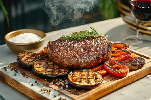 Juicy steak seared to perfection sits atop a wooden board alongside grilled vegetables. Aromatic herbs enhance the dish, creating a cozy outdoor dining experience.
