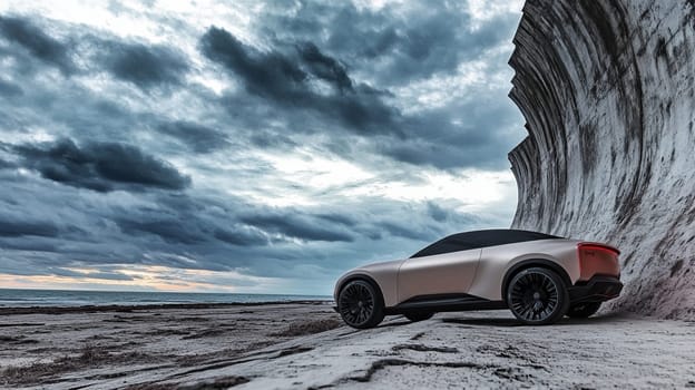 Modern electric suv is parked on the beach, seeking shelter from a dramatic, cloudy sky that hints at an approaching storm