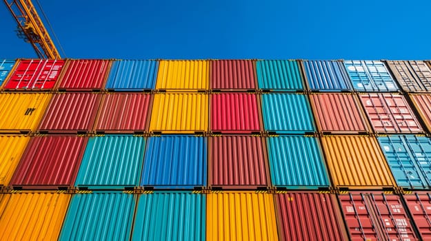 A dynamic view of stacked cargo containers used in worldwide shipping and export industries