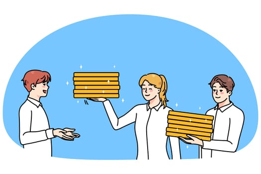 Smiling investors give successful businessman coins for saving and income. Businesspeople put money on deposit in bank. Finance and investment concept. Vector illustration.